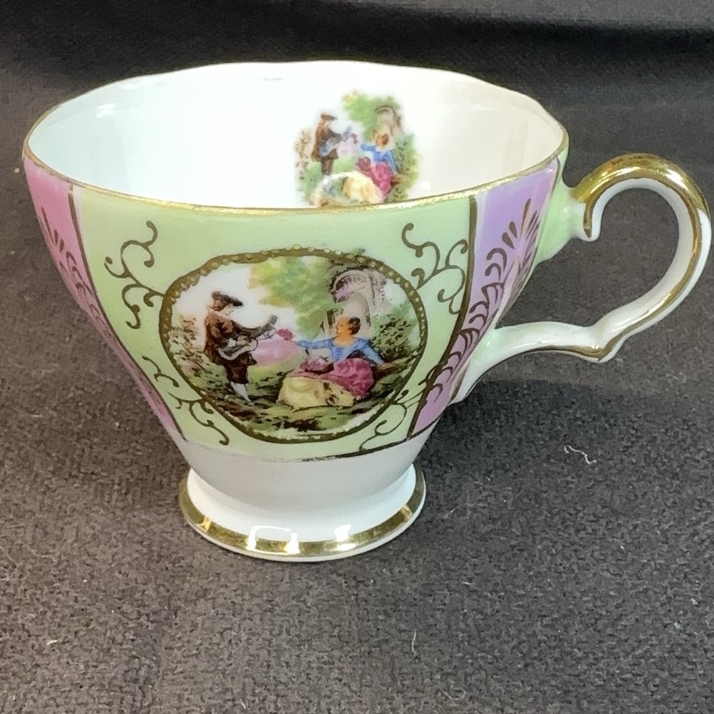 Vtg Fragonard Courting Couple Tea Cup Saucer Lime Green Pink AS-IS Shabby Chic - Picture 11 of 16